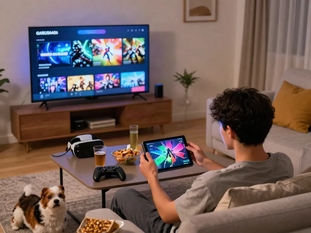 Interactive gaming moment featuring garuda404 platform in a cozy living room setting