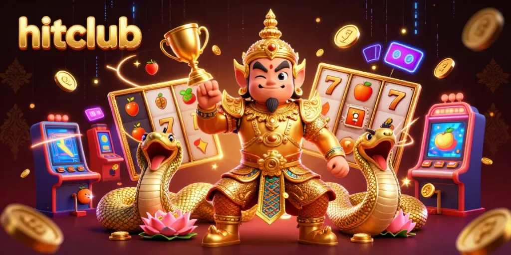 Hitclub showcases an exhilarating online gambling scene with a guardian, Naga companions, and vibrant slots elements.