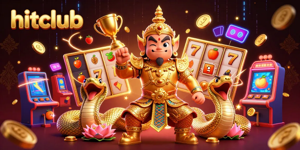 Hitclub showcases an exhilarating online gambling scene with a guardian, Naga companions, and vibrant slots elements.