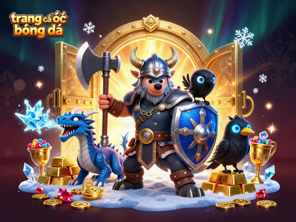 Engage with exciting trang cá cược bóng đá action as a Viking wolf warrior battles alongside a fierce dragon in a treasure-filled scene.