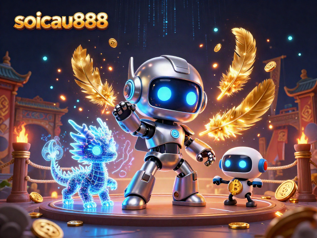 Exciting 3D illustration of soicau888 featuring a cyberpunk robot and AI dragon amidst vibrant casino elements.