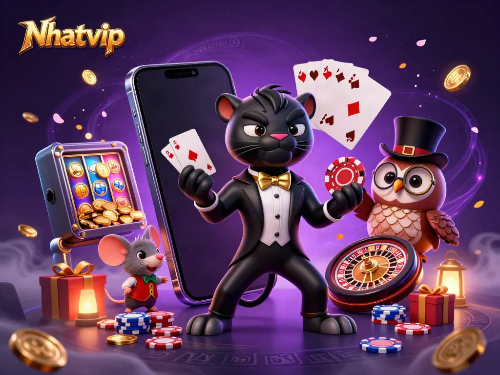 Nhatvip showcases a stylish panther dealing cards with vibrant casino elements around.