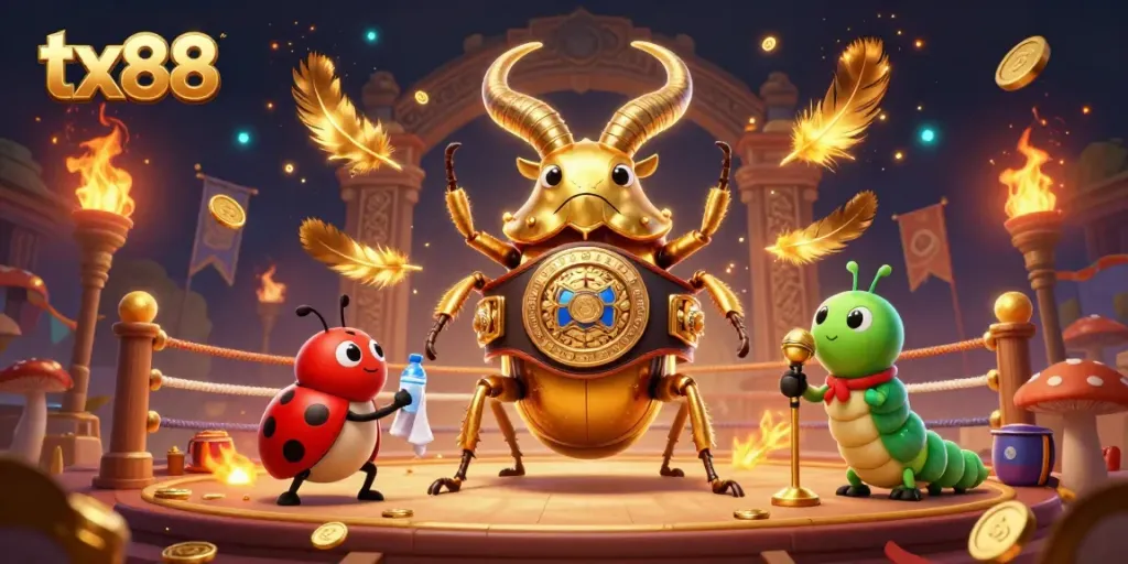 Action-packed tx88 scene featuring a golden stag beetle boxing champion surrounded by vibrant casino elements.