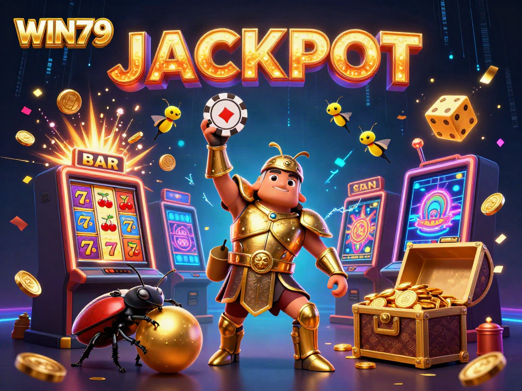 Win79 casino scene showcasing hercules beetle celebrating with poker chips amidst jackpot elements.