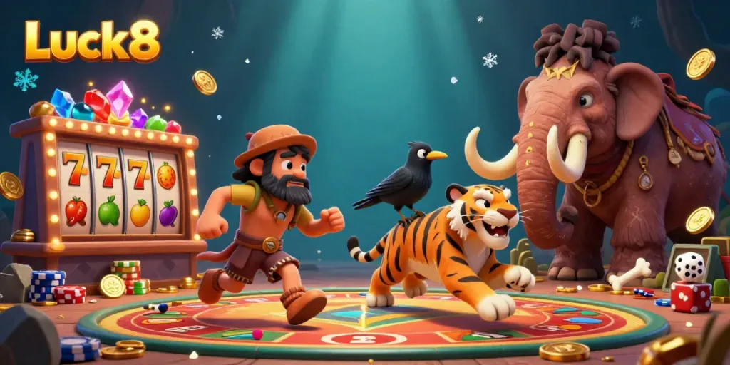 Luck8 captures thrilling wins at a prehistoric casino run by a caveman and a saber-toothed tiger amidst vibrant slot reel chaos.