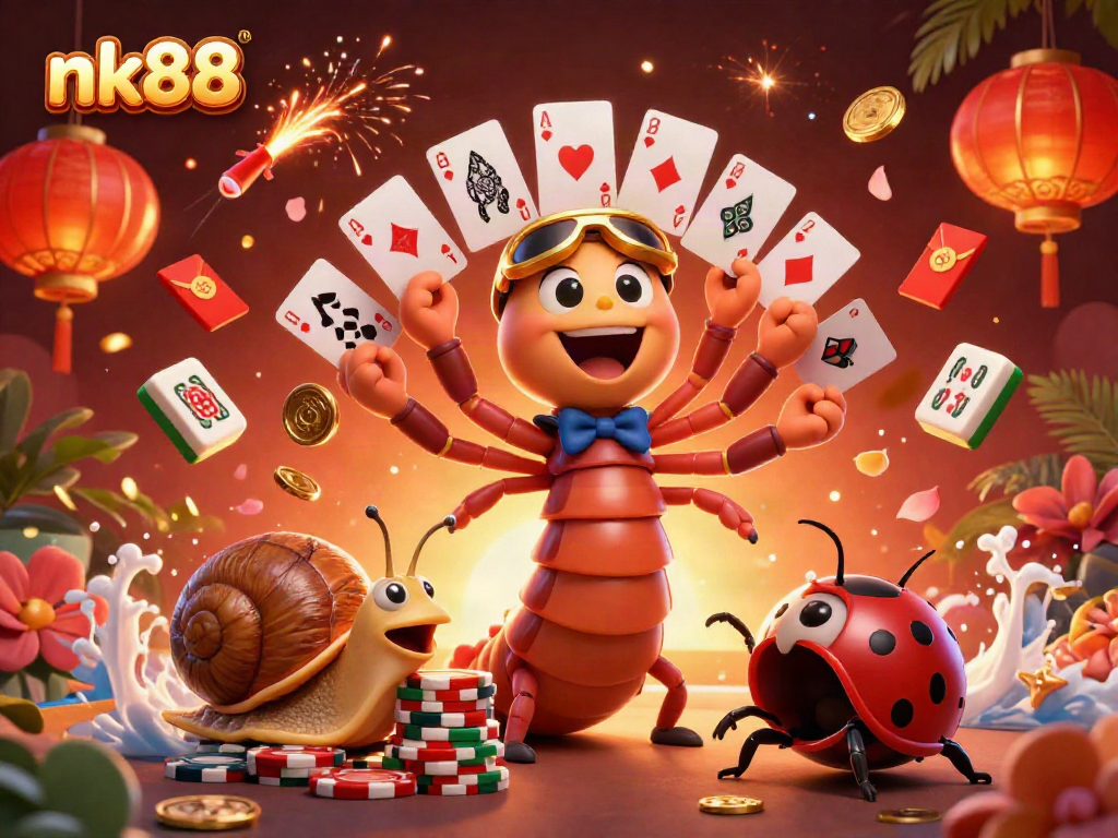 Engage in thrilling gaming action at nk88 with a colorful 3D casino scene featuring unique characters.