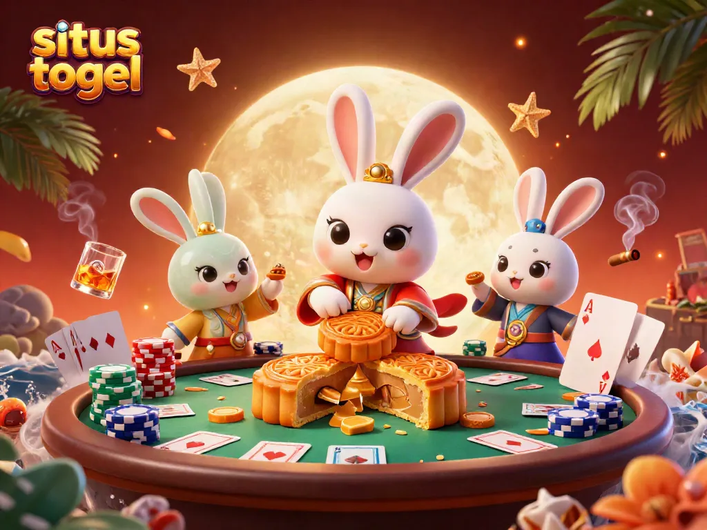 Engage with situs togel as the magical moon rabbit reveals poker chips, showcasing an exciting casino atmosphere.