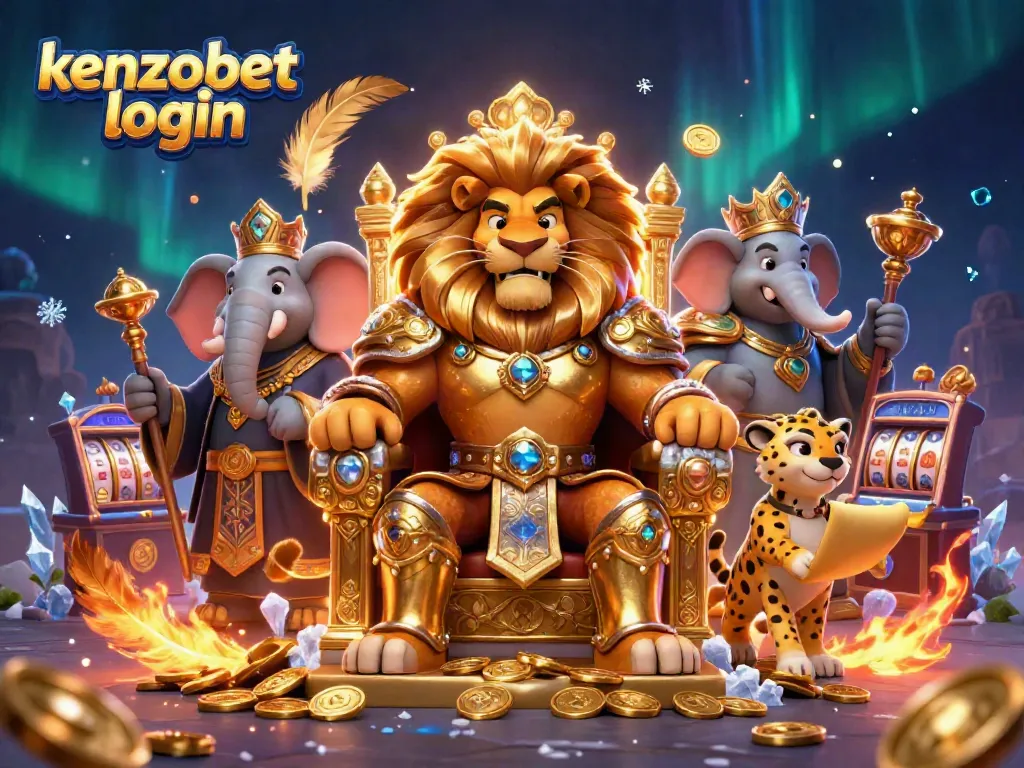 Play exciting games at kenzobet login with a lion king, wise elephant, and swift cheetah in a vibrant casino atmosphere.