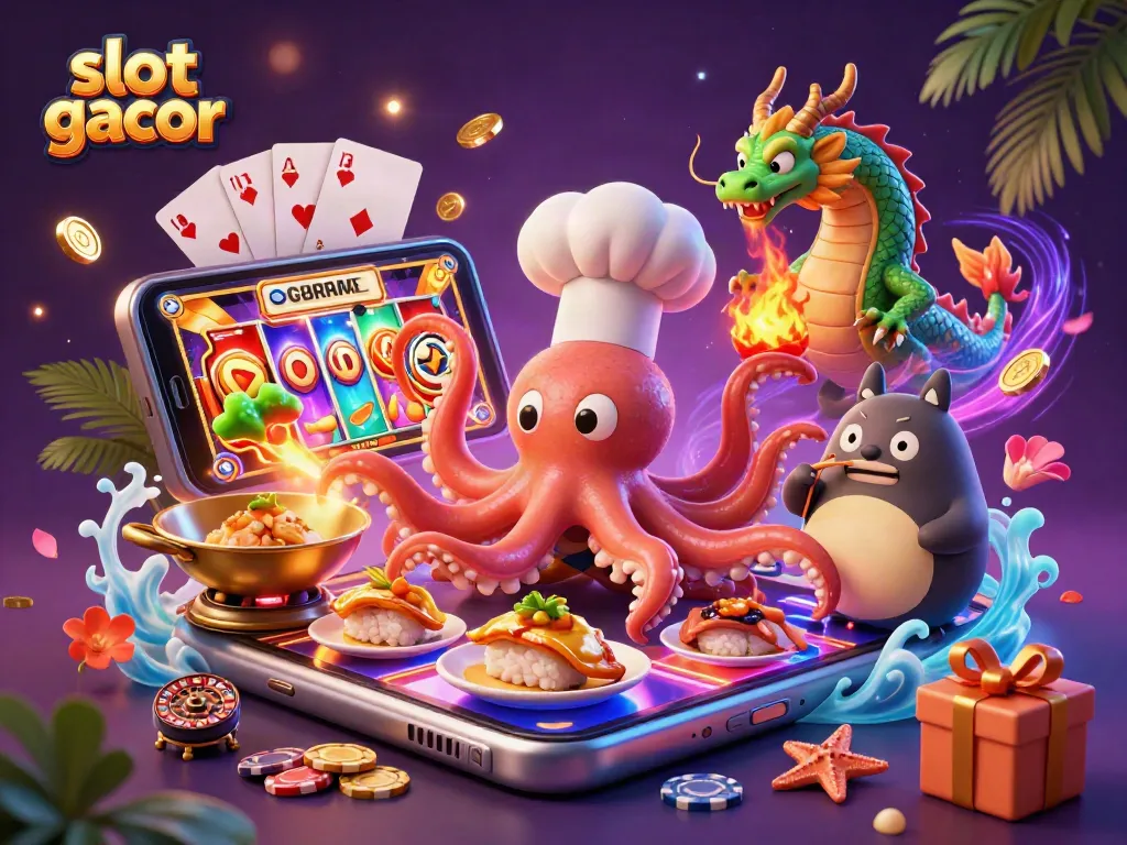 Experience immersive slot gacor action as an octopus chef and dragon create excitement in a vibrant casino scene.