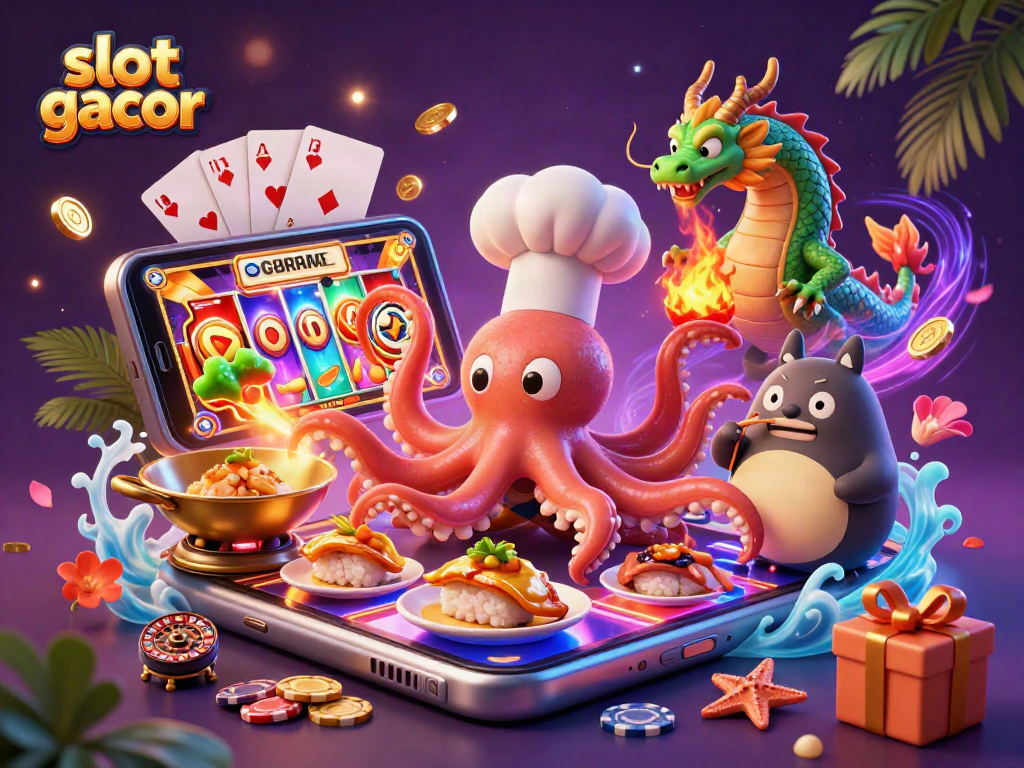 Experience immersive slot gacor action as an octopus chef and dragon create excitement in a vibrant casino scene.