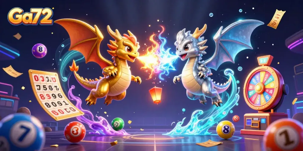 Engage with Ga72's thrilling betting experience as dynamic dragons and colorful lottery elements celebrate winning opportunities.