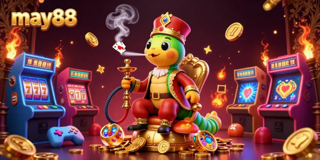 Experience the excitement of may88 with vibrant casino elements and a whimsical caterpillar master.