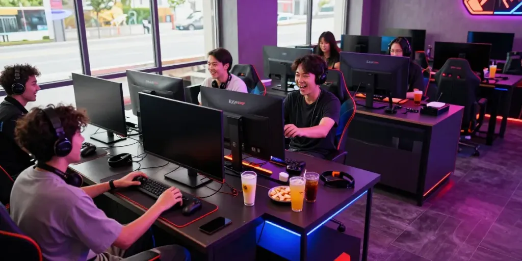 Kilat404 gaming atmosphere with friends enjoying multiplayer games.