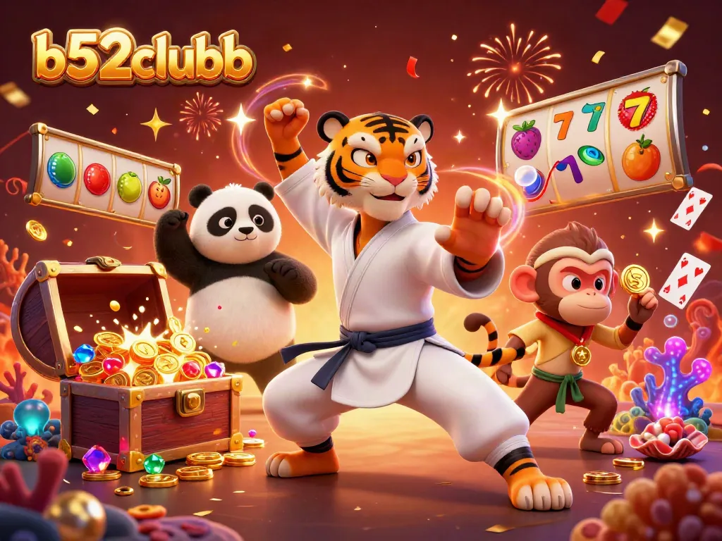 b52clubb captures the excitement of slots with a kung fu theme, featuring dynamic characters and vibrant casino elements.