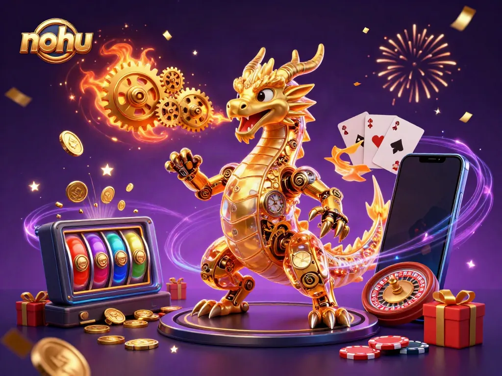 Experience the thrilling world of nohu through captivating slot game visuals and a golden dragon in a vibrant casino setting.
