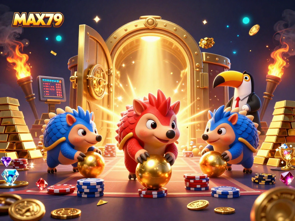 Experience thrilling gameplay with MAX79 as rival pangolins battle through poker chips in a vibrant casino.