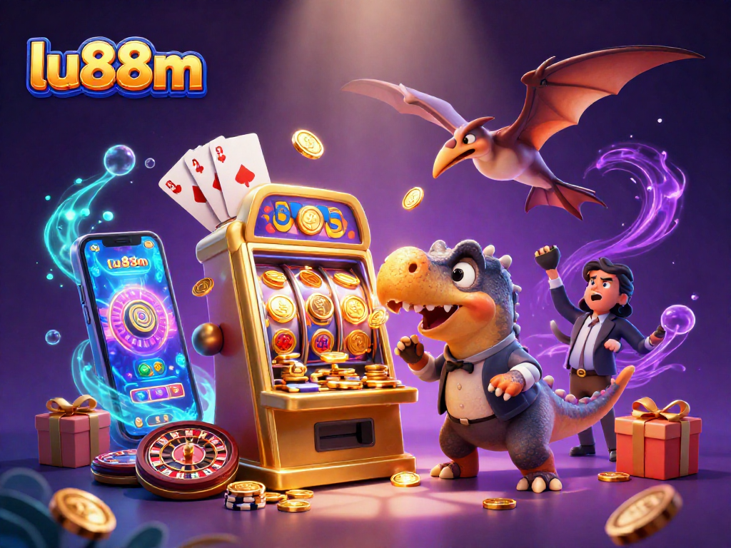 Experience thrilling wins at lu88m with a cartoon dinosaur hitting a jackpot on a slot machine!