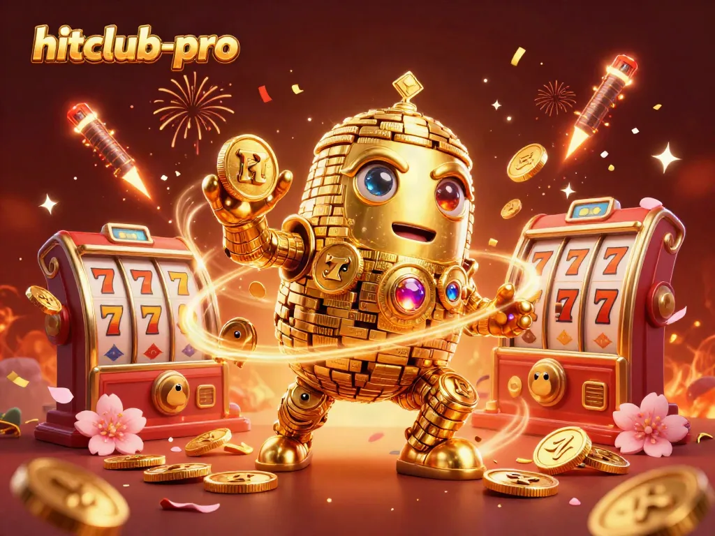 Feel the excitement of hitclub-pro with a golden golem surrounded by slot reels and fireworks.