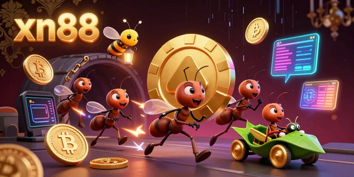 Engaging xn88 graphic with animated heist characters showcasing a golden poker chip and crypto elements.