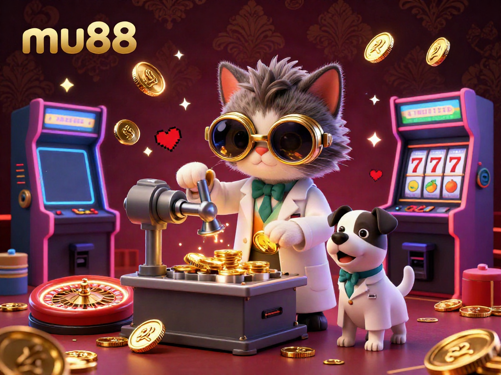 Engage with vibrant casino thrills at mu88 featuring a scientist cat and lab assistant creating gold coins.