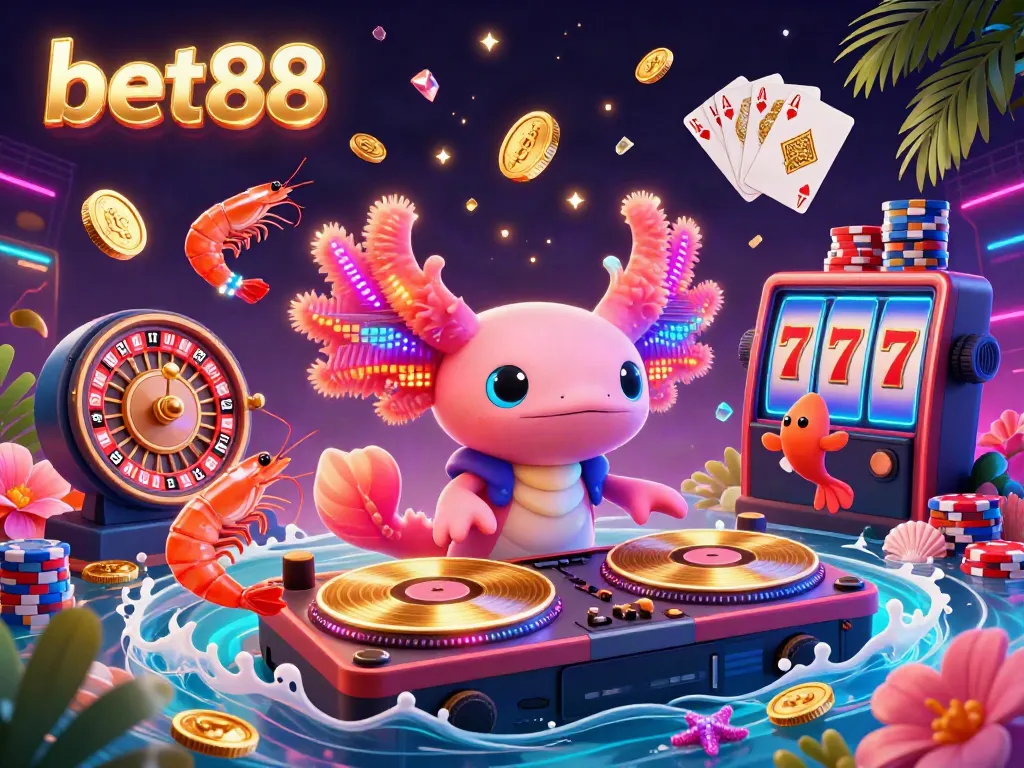 Engage with the exciting world of bet88 featuring a neon axolotl DJ spinning vinyl surrounded by casino elements.