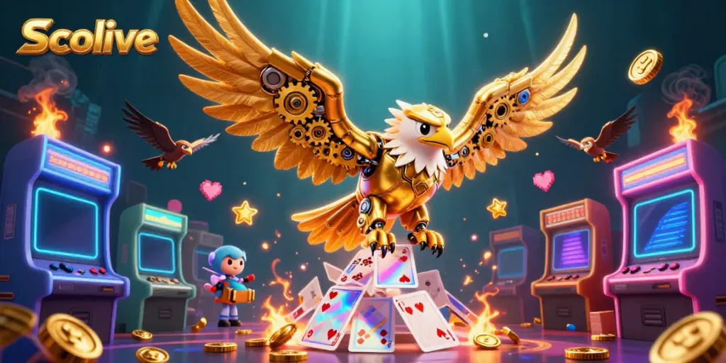 Socolive showcases a cybernetic golden eagle amidst holographic playing cards and vibrant casino elements.