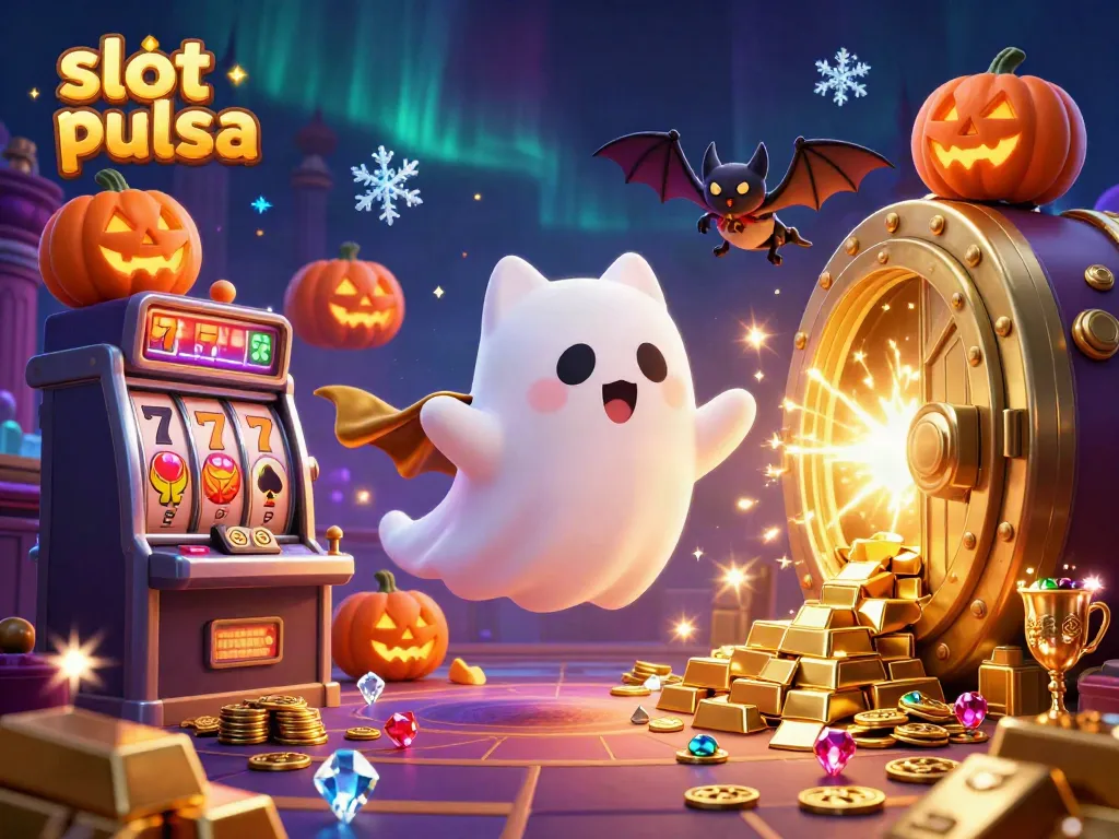 Experience thrilling slot pulsa action with a whimsical ghost cat in a haunted casino setting.