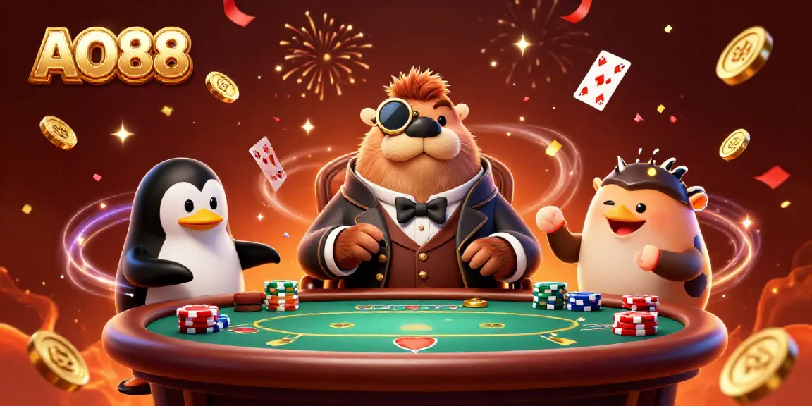 Experience thrilling poker action with AO88 featuring a jolly walrus and friends at an underwater table.