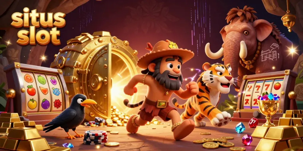 A whimsical casino scene illustrating the keyword situs slot with cavemen and a saber-toothed tiger alongside vibrant slot reels and treasures.