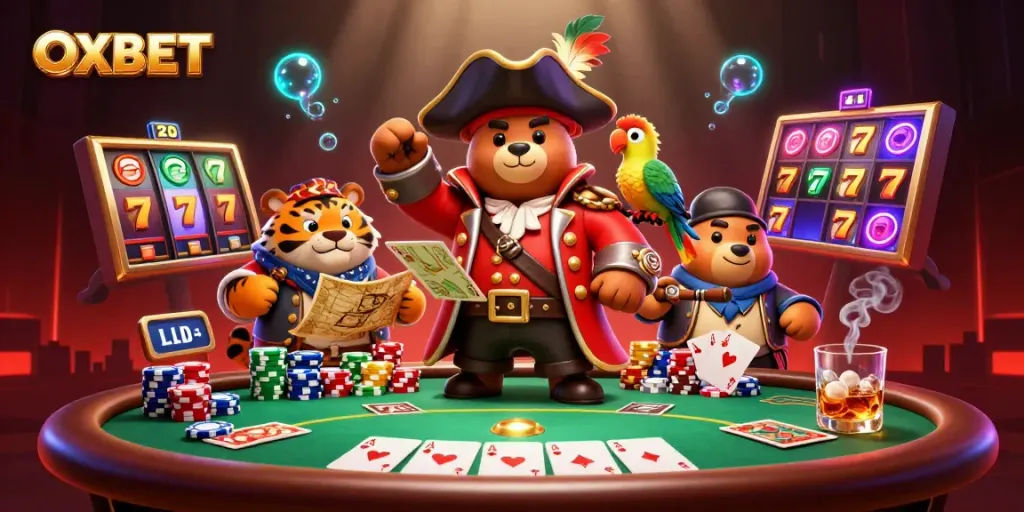 Engage in thrilling games at OXBET with vibrant casino elements and characters.