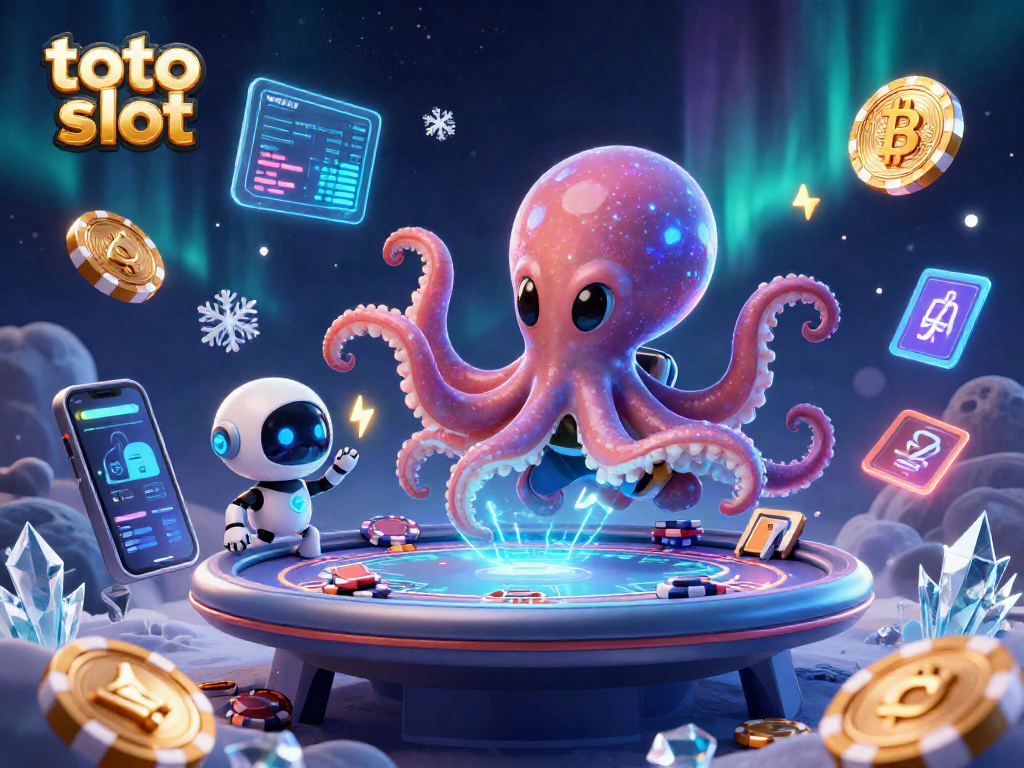 Rasakan pengalaman toto slot yang menarik dengan ilustrasi alien dan robot di meja poker holografik.
