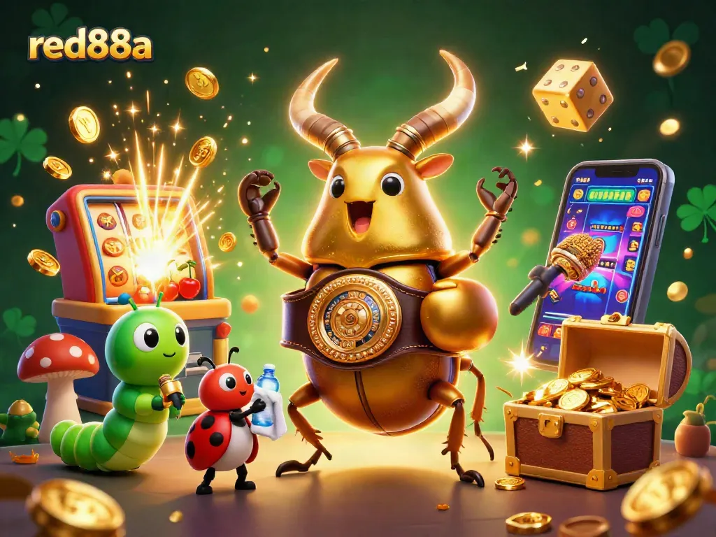 Experience the excitement of red88a with a dynamic casino-themed illustration featuring a glowing stag beetle champion and vibrant gaming elements.