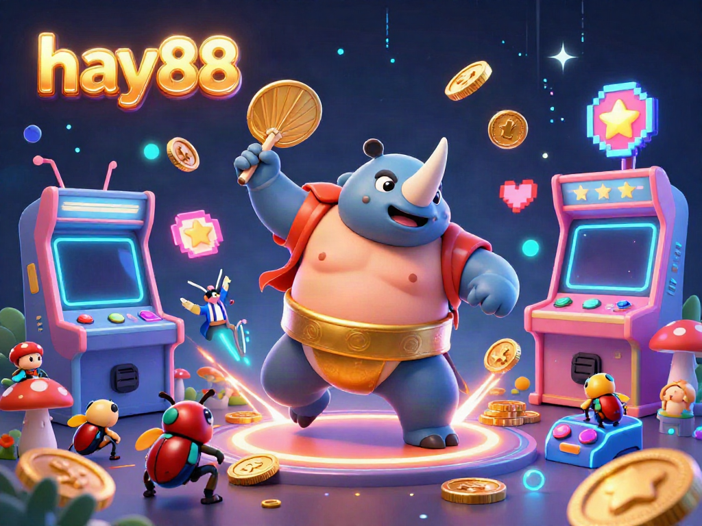 Experience excitement with hay88's vibrant casino illustration featuring a rhinoceros beetle champion amidst flying coins and game elements.