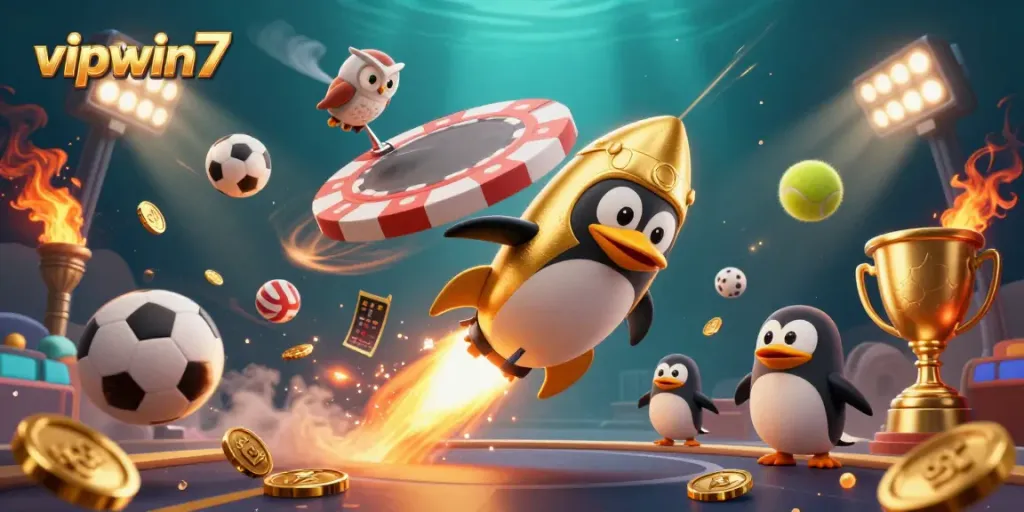 Experience thrilling gameplay with vipwin7 as the golden penguin darts toward a vibrant casino.