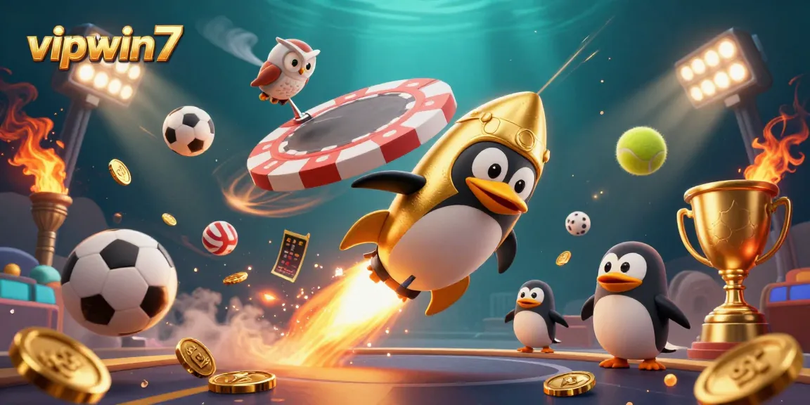 Experience thrilling gameplay with vipwin7 as the golden penguin darts toward a vibrant casino.