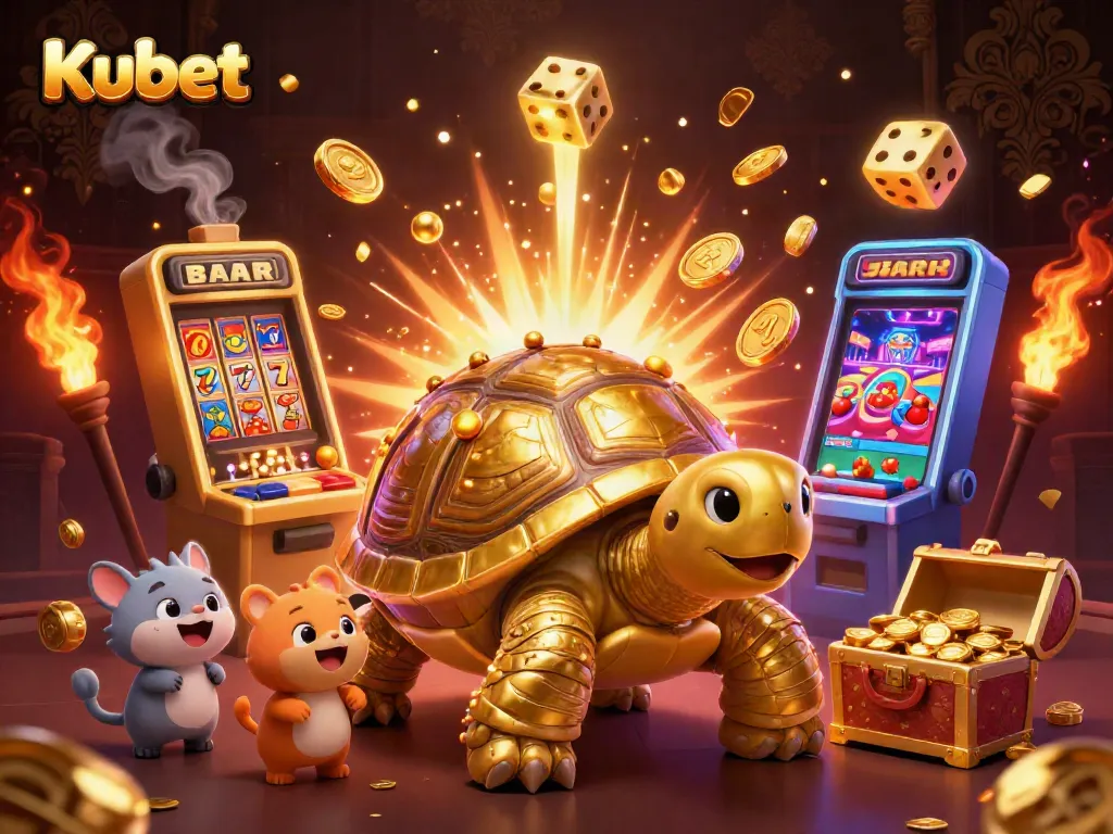Kubet themed illustration showing a giant tortoise pinball machine with casino elements and excited players
