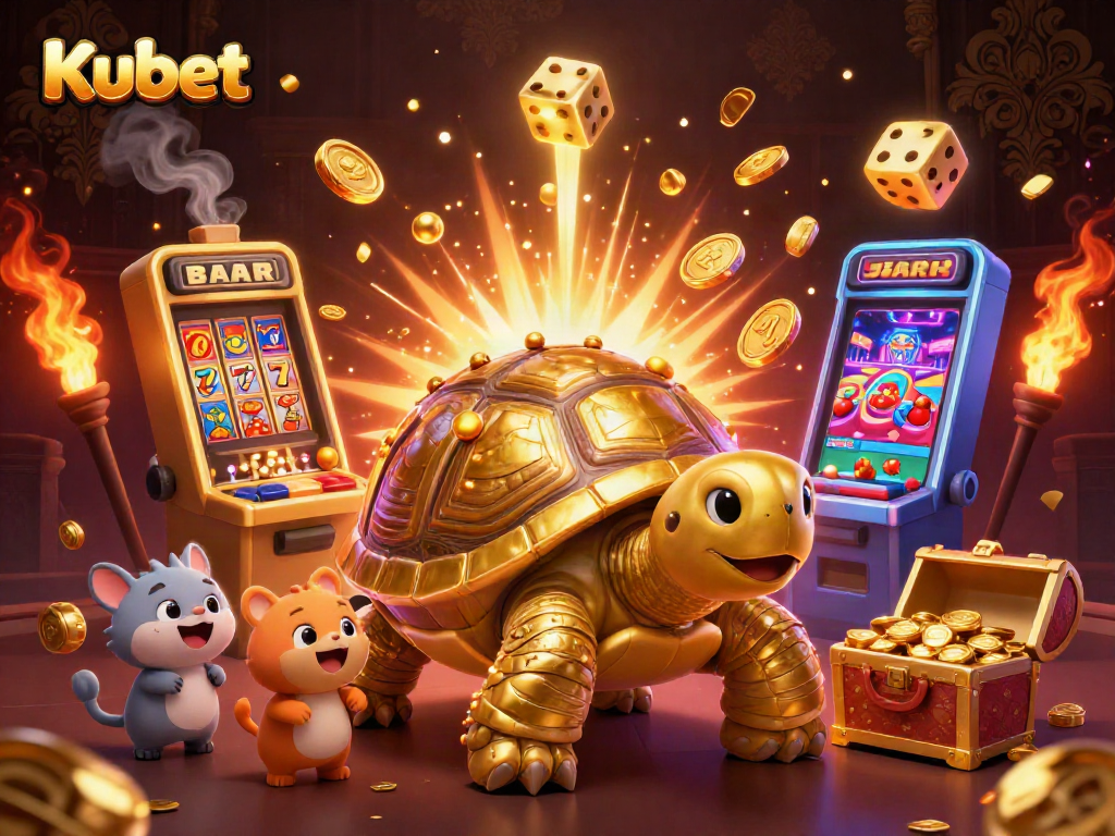Kubet themed illustration showing a giant tortoise pinball machine with casino elements and excited players