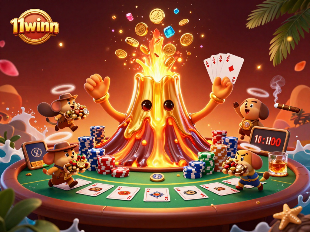 Experience the thrill of 11winn games with a vibrant 3D casino illustration of triumph and treasure.
