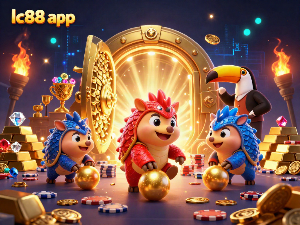 Experience the excitement of lc88 app with rival pangolins bowling through poker chips amidst a treasure-filled casino scene.