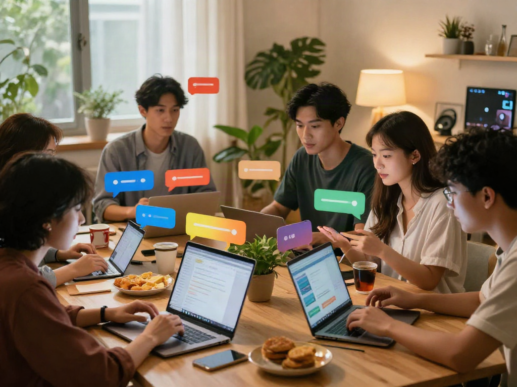 Nsfw chat interaction in a cozy home setting with lively conversations.
