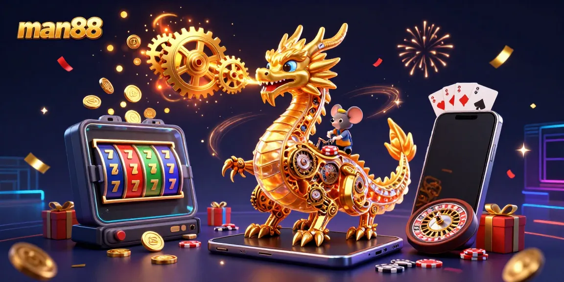 Engage with man88's vibrant online casino world featuring a golden dragon and dynamic games.