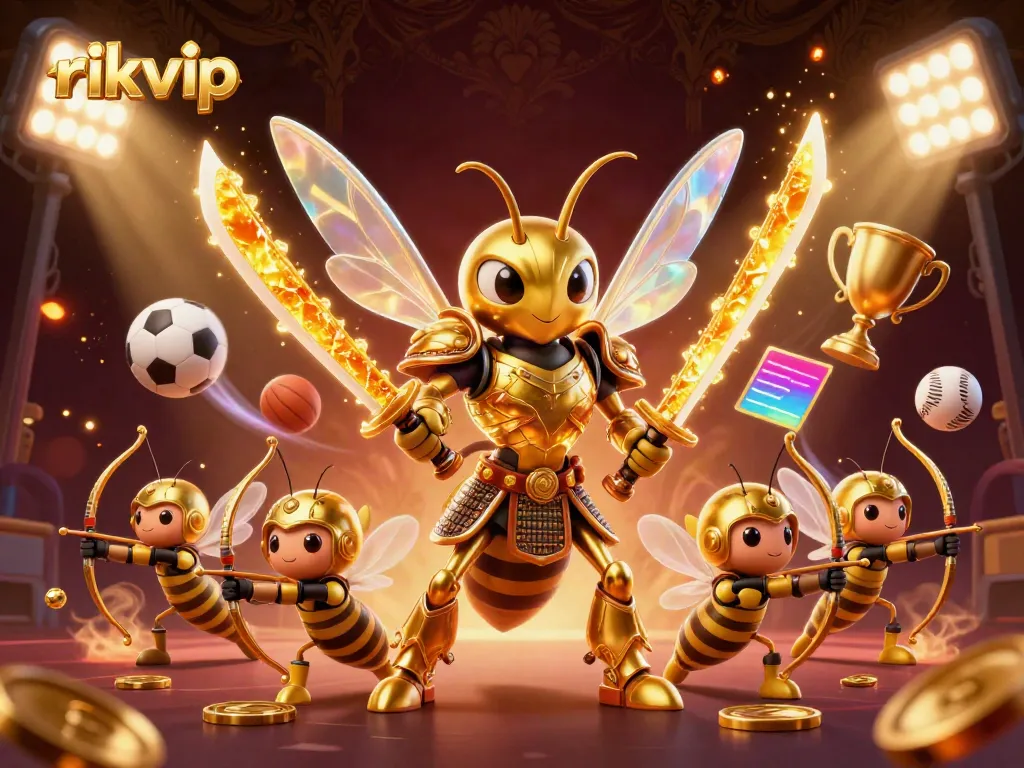 Engage in thrilling play at rikvip, illustrated by a golden samurai hornet and vibrant sports elements.