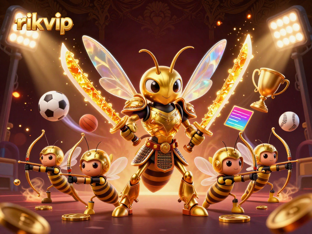 Engage in thrilling play at rikvip, illustrated by a golden samurai hornet and vibrant sports elements.