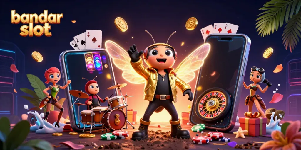 Experience the excitement of bandar slot with a vibrant 3D casino illustration featuring a cicada rock star and dramatic game elements.