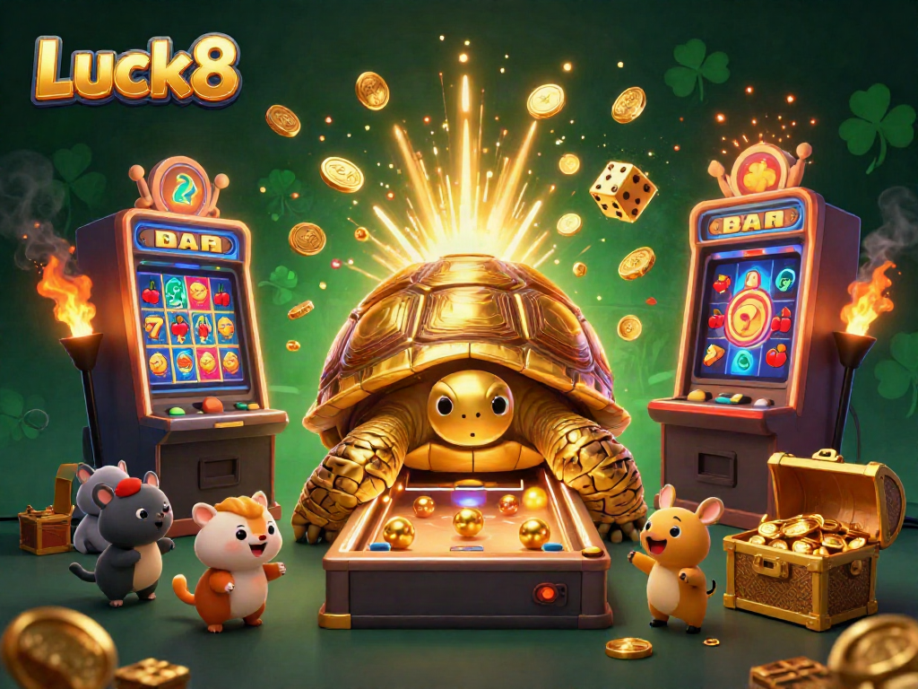 Luck8 promotes excitement with a tortoise pinball machine and dynamic casino elements, showcasing a vibrant gaming environment.
