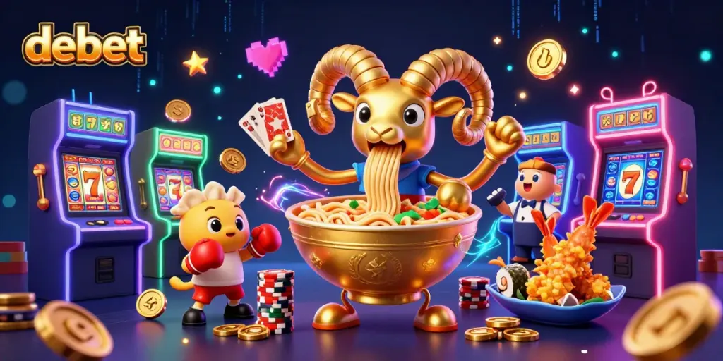 Engage in thrilling gaming at debet with a vibrant 3D casino illustration featuring dynamic characters and games.