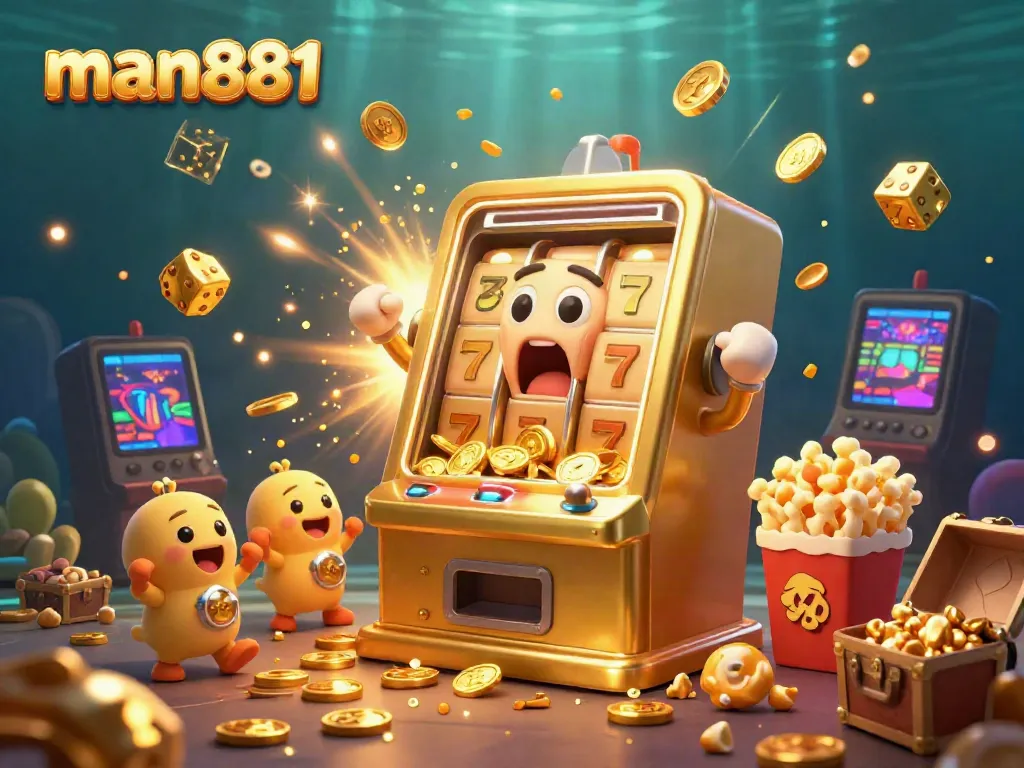 Experience unmatched excitement with man881 as the animated golden slot machine hits the jackpot, emitting coins and joy.