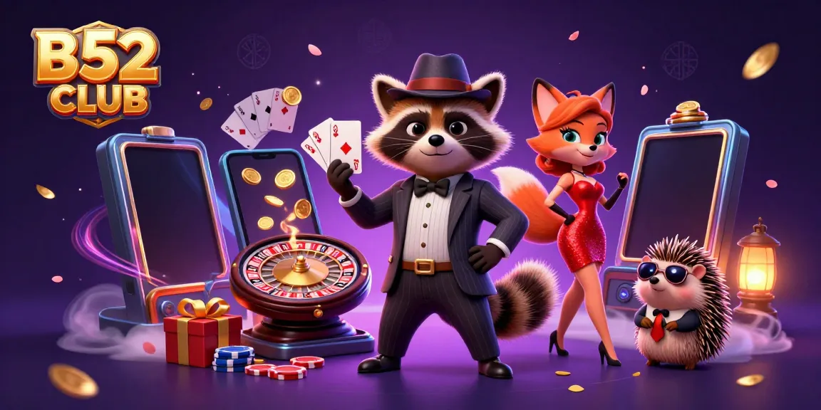 B52 CLUB showcases a charming raccoon and fox in a vibrant casino scene surrounded by lively game elements.