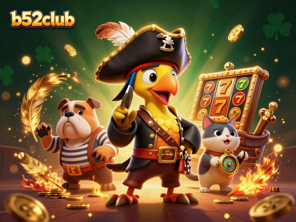 Spin the reels at b52club with intricate characters and vibrant casino elements in a dramatic scene.