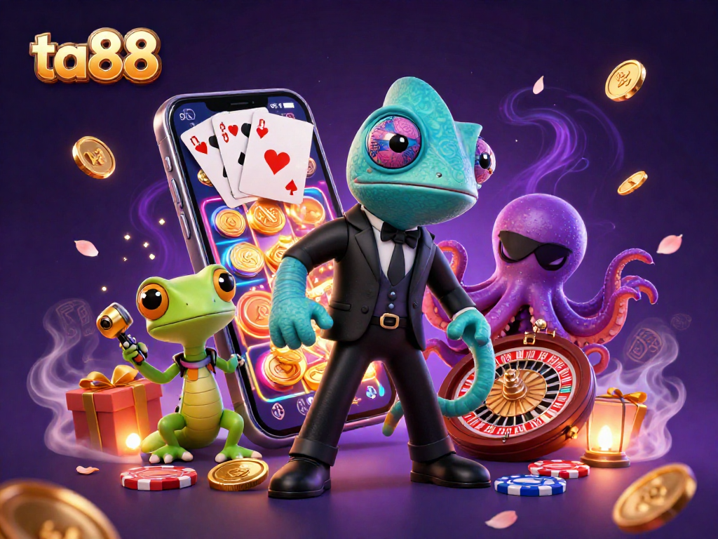Experience the thrill of ta88 with dynamic casino characters amidst vibrant gaming elements!